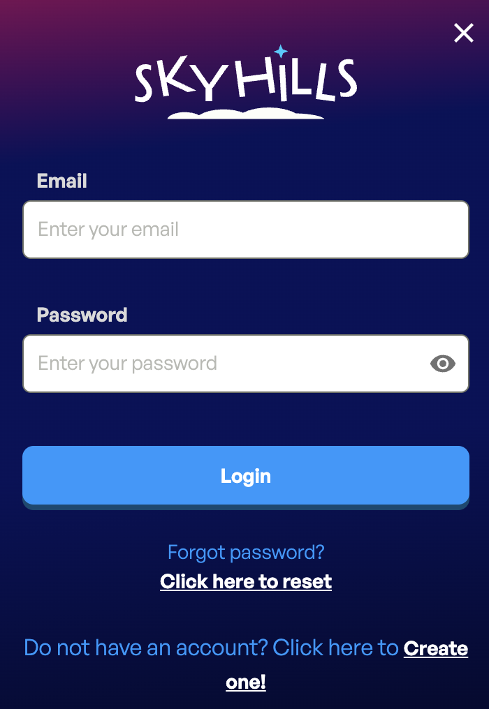 Skyhills Casino login formulier